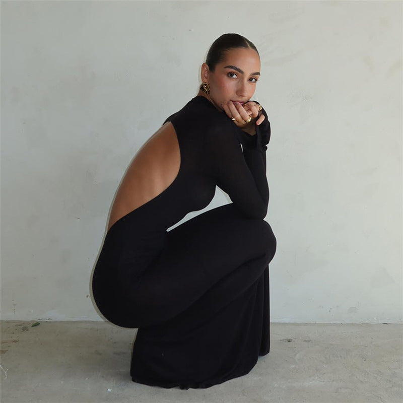 Wind autumn and winter new women's fashion round neck long sleeve backless slim-fit wrap buttock dress