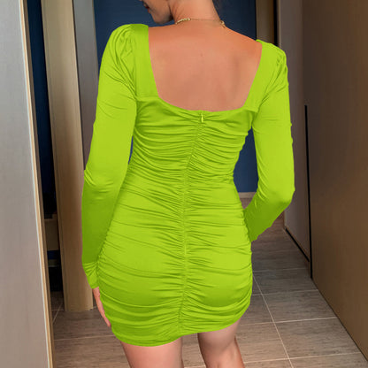 square collar wrap hip skirt summer solid color temperament high-grade long-sleeved waist dress