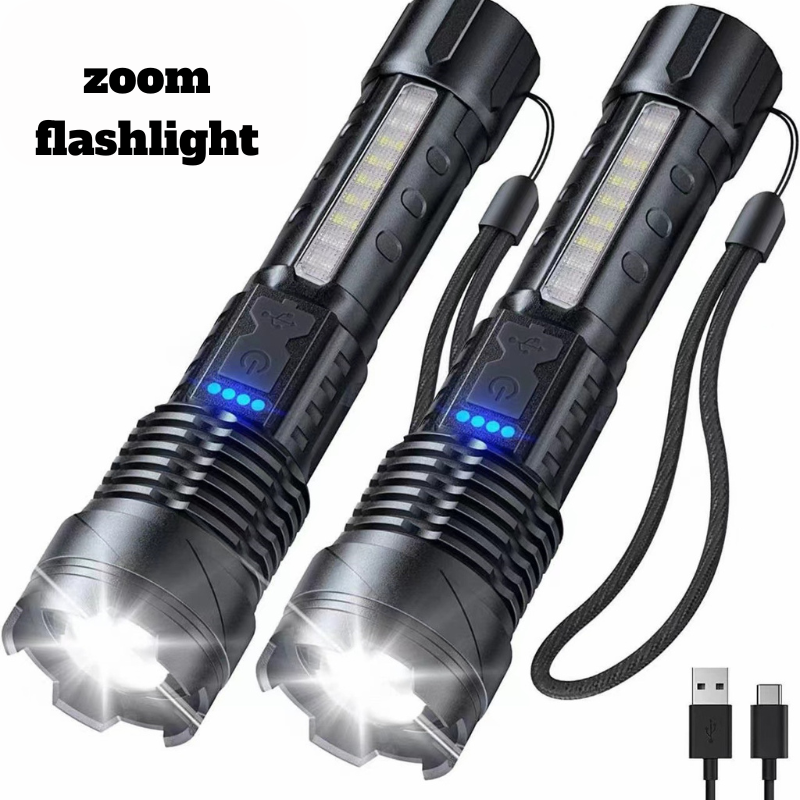 White teles zoom flashlight Home outdoor long range red and blue warning side light LED flashlight A76