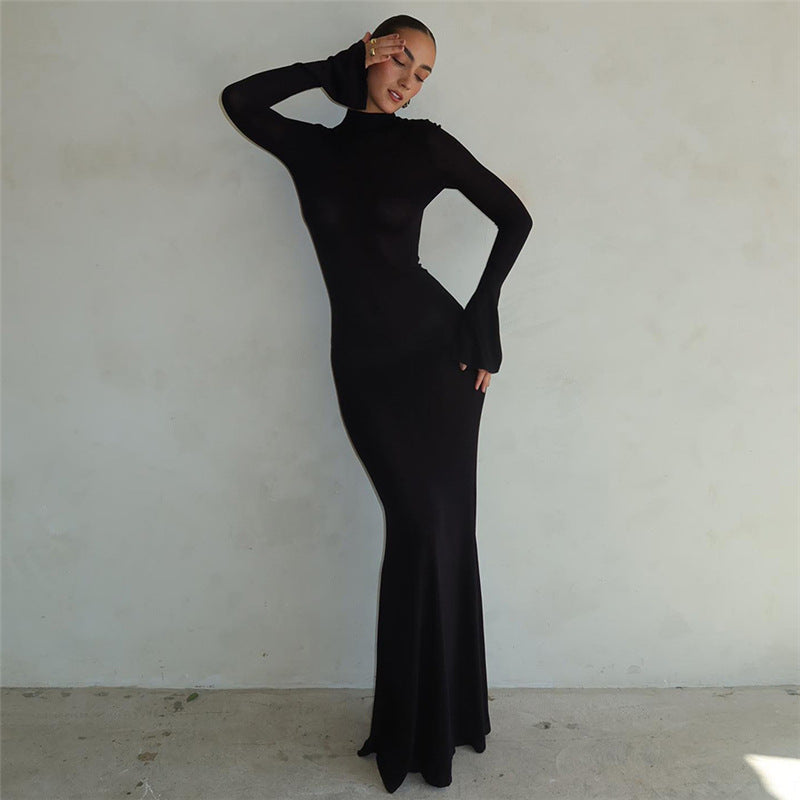 Wind autumn and winter new women's fashion round neck long sleeve  backless slim-fit wrap buttock dress