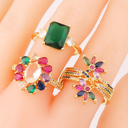 Wind micro emerald zircon ring with exaggerated colored diamond diamond ring